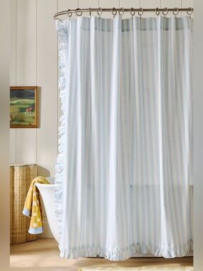 Anthropologie Maeve Organic Cotton Ruffled Stripe Shower Curtain, Light Blue